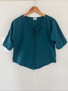 Oh My Gauze Green Split Neck Gauze Top Womens Size Small Medium Cotton